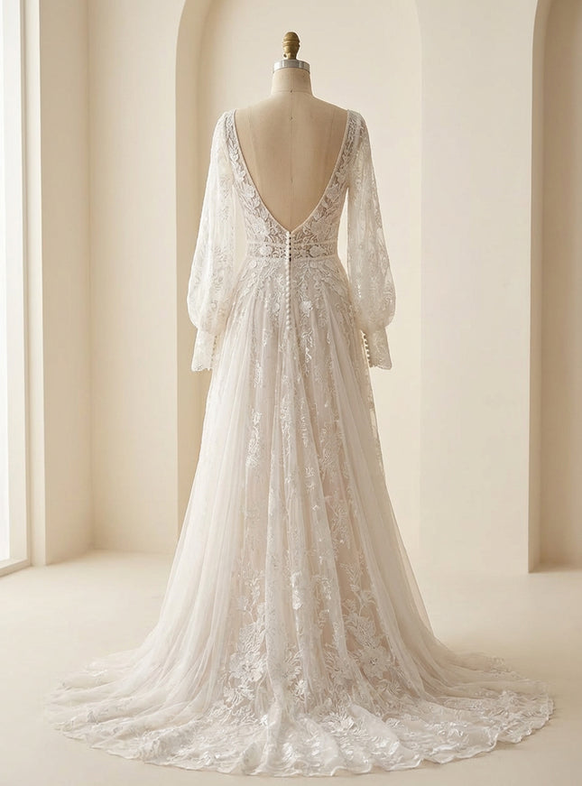 Lace Appliques A-Line Long Sleeves V Neck Wedding Dresses with Backless