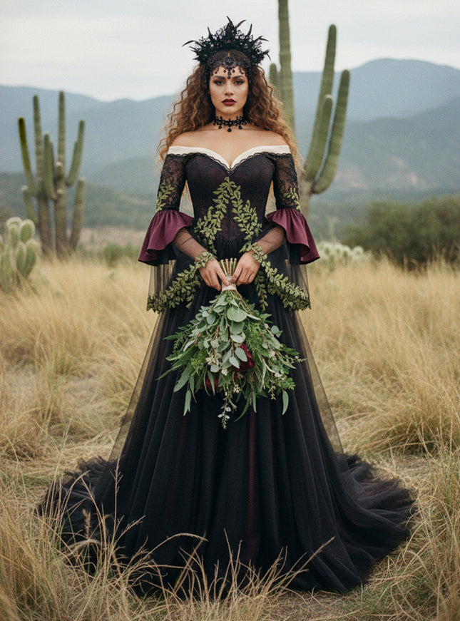 Lace Embroidered A-Line Off Shoulder Sweetheart Wedding Dresses with Sleeves