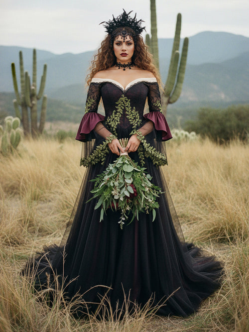 Lace Embroidered A-Line Off Shoulder Sweetheart Wedding Dresses with Sleeves