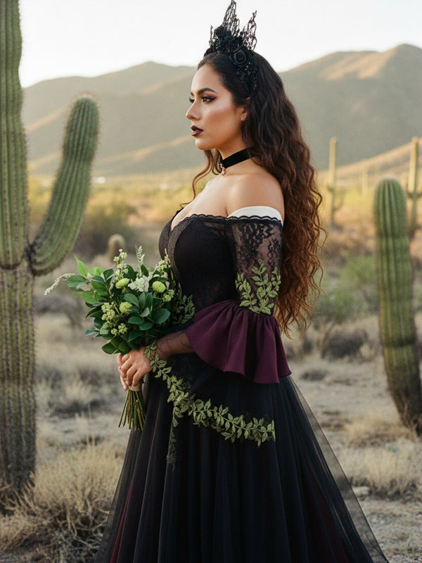 Lace Embroidered A-Line Off Shoulder Sweetheart Wedding Dresses with Sleeves