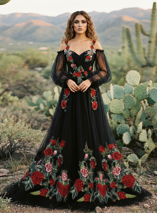 Lace Embroidered A-Line Off the Shoulder Sweetheart Wedding Dresses with Sleeves