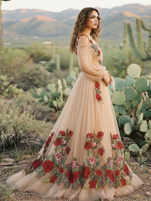 Lace Embroidered A-Line Off the Shoulder Sweetheart Wedding Dresses with Sleeves