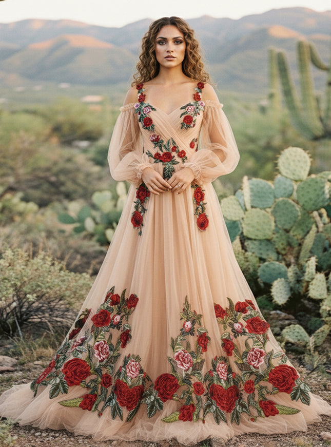 Lace Embroidered A-Line Off the Shoulder Sweetheart Wedding Dresses with Sleeves