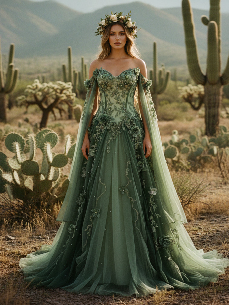 Sweetheart Embroidered A-Line Off the Shoulder Wedding Dresses with 3D Flower