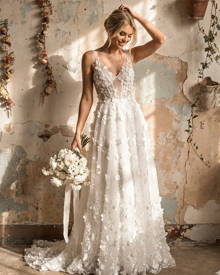 Lace Appliques A Line Long Wedding Dresses with 3D Flower