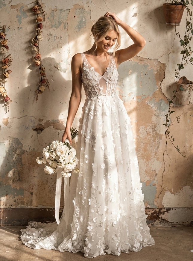 Lace Appliques A Line Long Wedding Dresses with 3D Flower