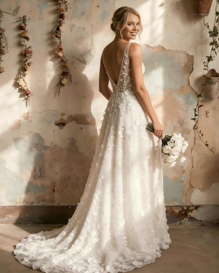 Lace Appliques A Line Long Wedding Dresses with 3D Flower