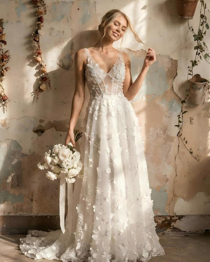 Lace Appliques A Line Long Wedding Dresses with 3D Flower