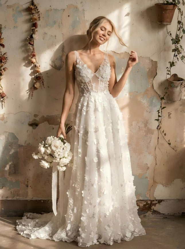 Lace Appliques A Line Long Wedding Dresses with 3D Flower