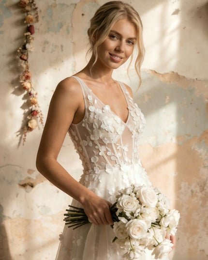 Lace Appliques A Line Long Wedding Dresses with 3D Flower