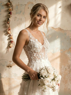 Lace Appliques A Line Long Wedding Dresses with 3D Flower