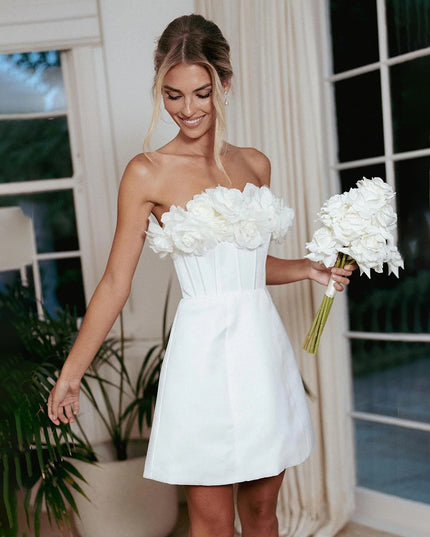 Strapless A Line Short Wedding Dresses with 3D Flower