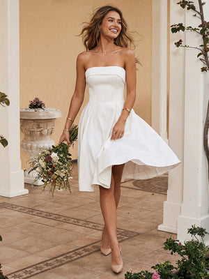 Satin A Line Strapless Short Little White Dresses with Pleats