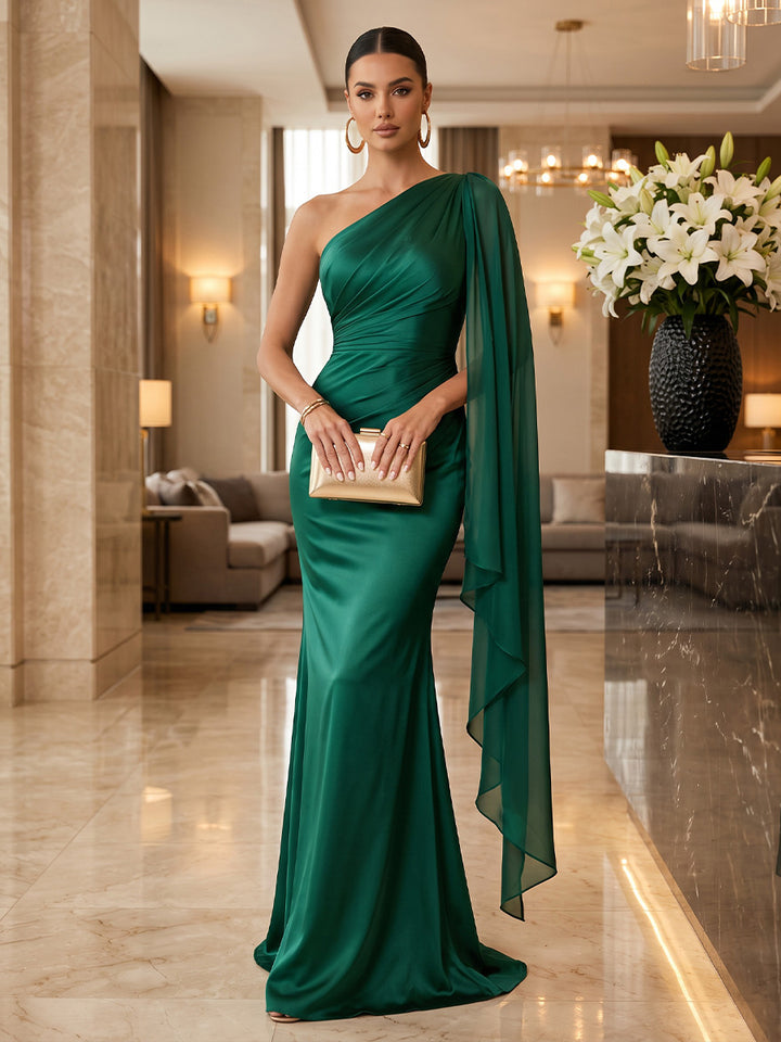 Satin Sheath One Shoulder Floor Length Ruched Military Ball Dresses