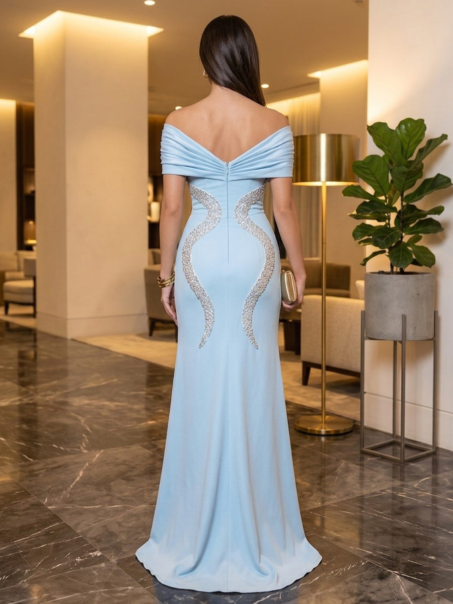 Satin Mermaid Off the Shoulder Floor Length Beaded embroidery Military Ball Dresses