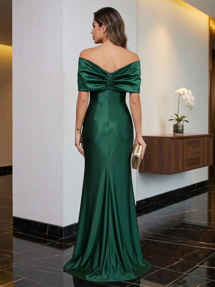 Satin Mermaid Off the Shoulder Floor Length Ruched Military Ball Dresses