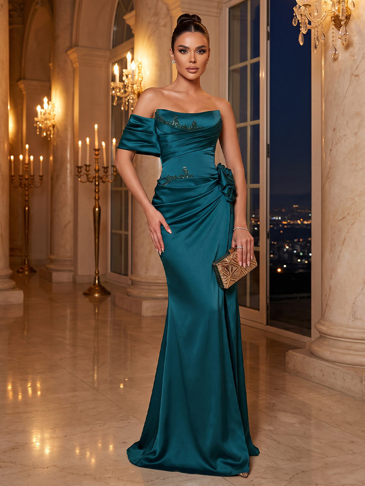 Satin Mermaid Strapless Floor Length Ruched Military Ball Dresses