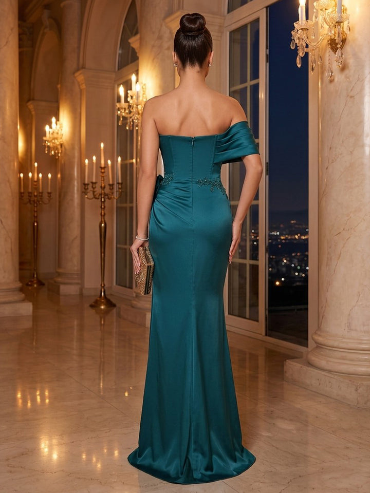 Satin Mermaid Strapless Floor Length Ruched Military Ball Dresses