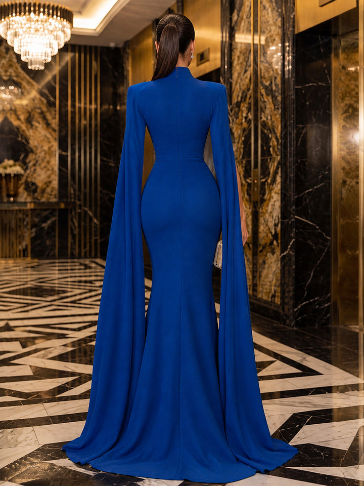 Satin Mermaid Stand Collar Floor Length Cape Sleeve Military Ball Dresses