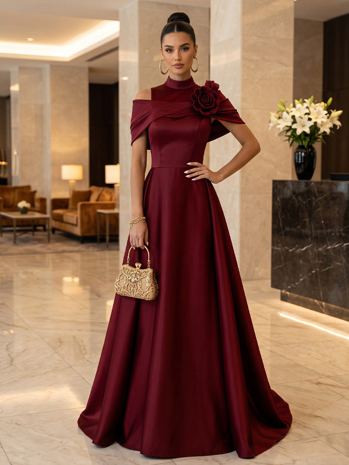 Satin A Line High Neck Floor Length Ruched Military Ball Dresses