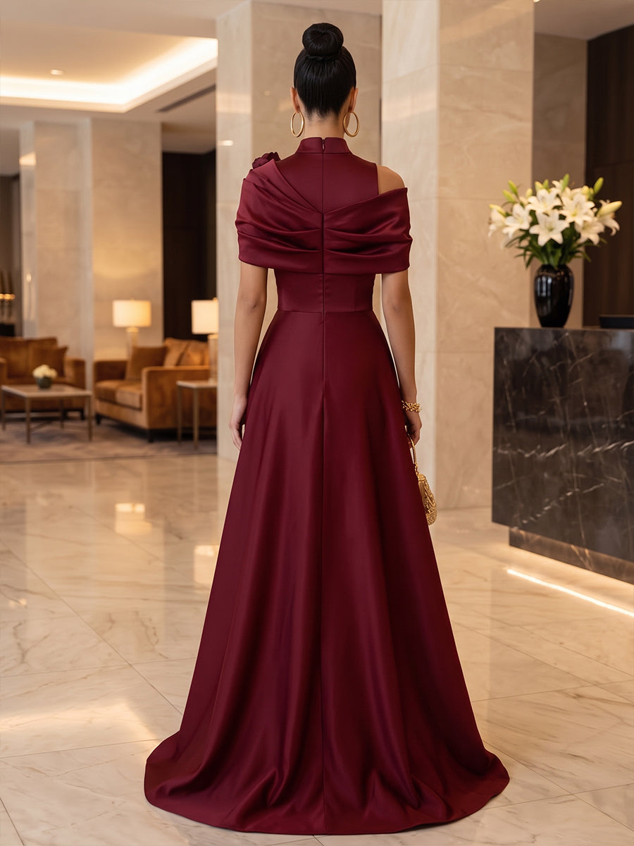 Satin A Line High Neck Floor Length Ruched Military Ball Dresses