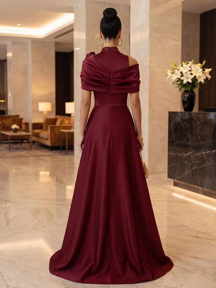 Satin A Line High Neck Floor Length Ruched Military Ball Dresses