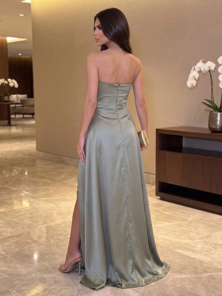 Satin A Line Strapless Floor Length Ruched Military Ball Dresses