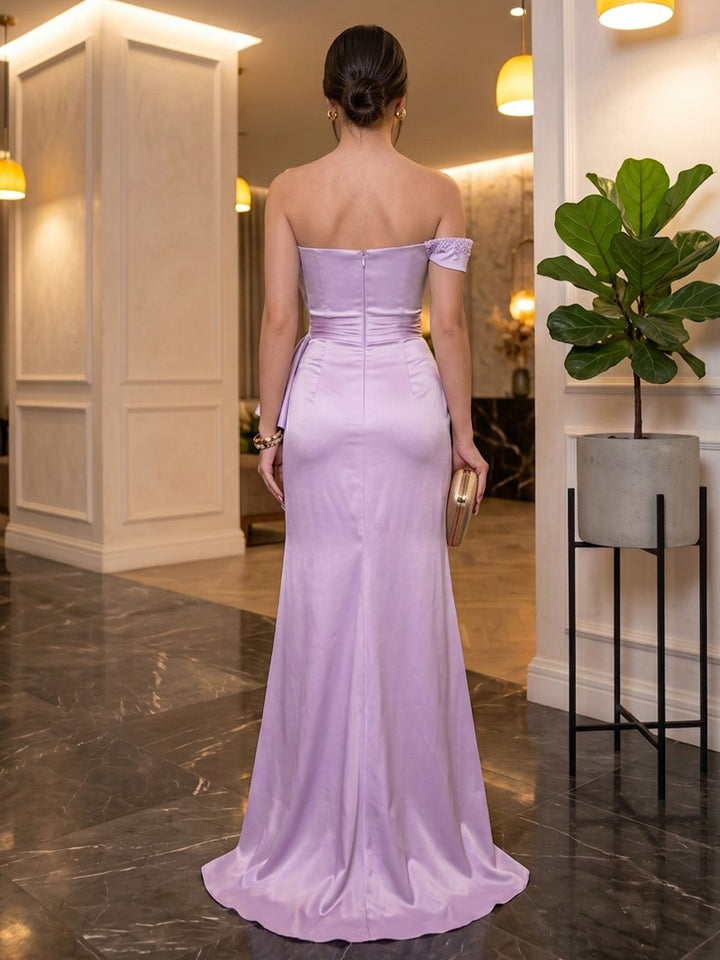 Satin Sheath Off the Shoulder Floor Length Beading Military Ball Dresses with Slit