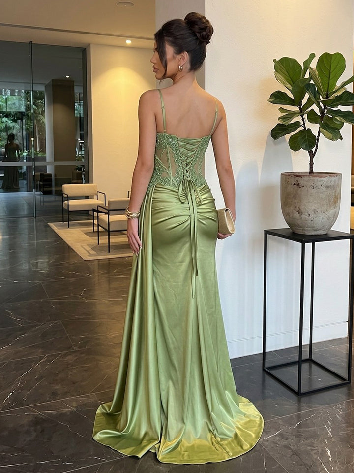 Satin Sheath Spaghetti Straps Floor Length Corset Military Ball Dresses