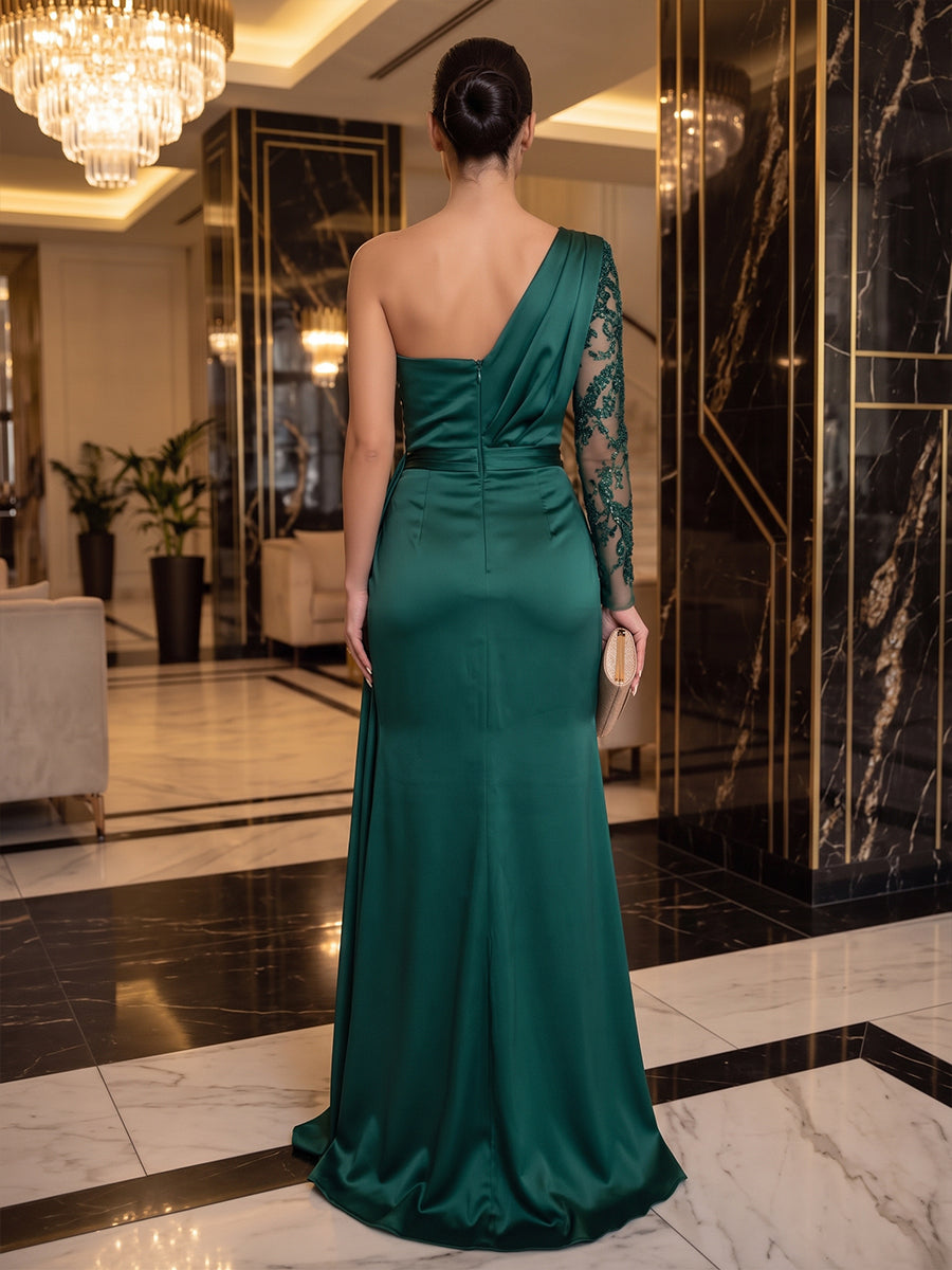 Satin A Line One Shoulder Floor Length Sequin Embroidery Military Ball Dresses