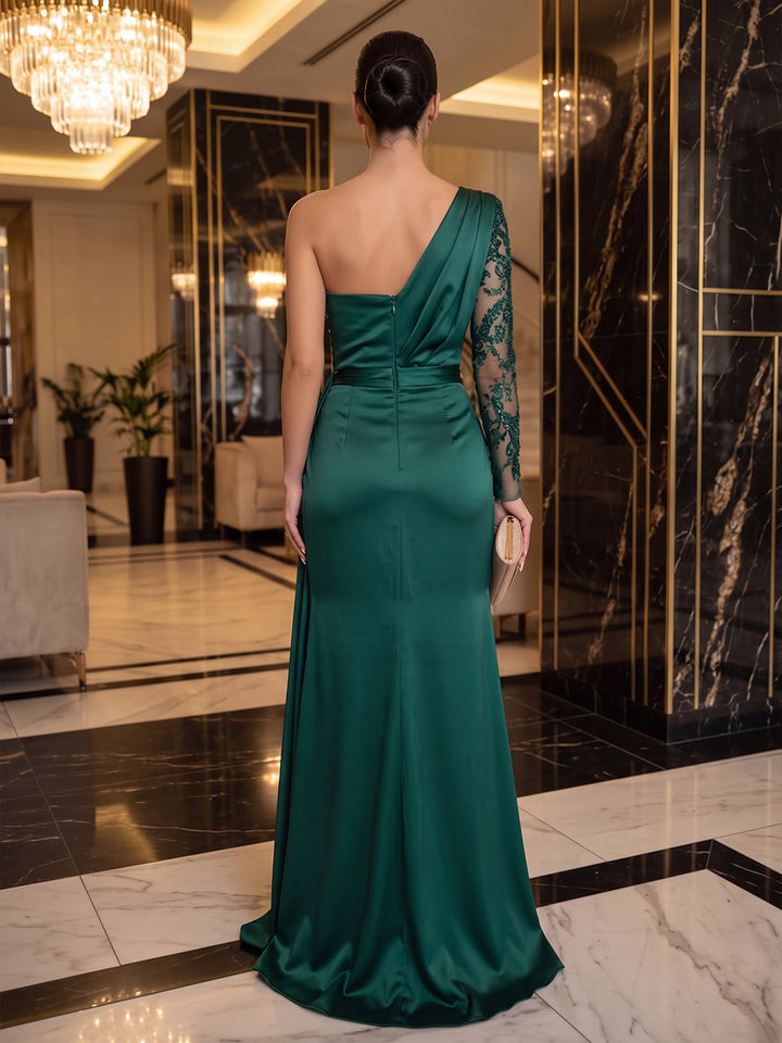 Satin A Line One Shoulder Floor Length Sequin Embroidery Military Ball Dresses