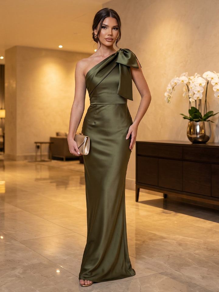 Satin Sheath One Shoulder Floor Length Fitted Waist Military Ball Dresses