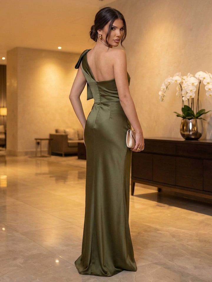 Satin Sheath One Shoulder Floor Length Fitted Waist Military Ball Dresses