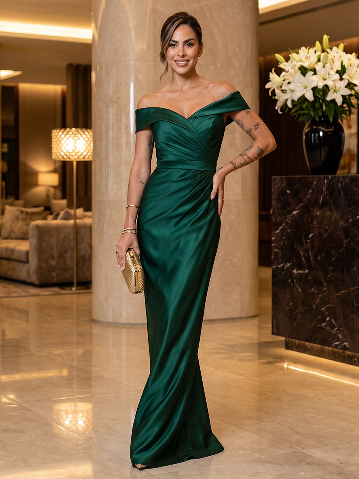 Satin Sheath Off the Shoulder Floor Length Ruched Military Ball Dresses