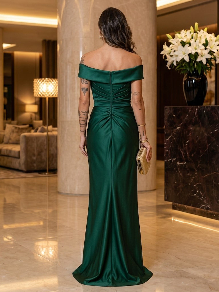 Satin Sheath Off the Shoulder Floor Length Ruched Military Ball Dresses