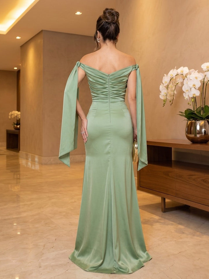 Satin Sheath Off the Shoulder Floor Length Ruched Military Ball Dresses