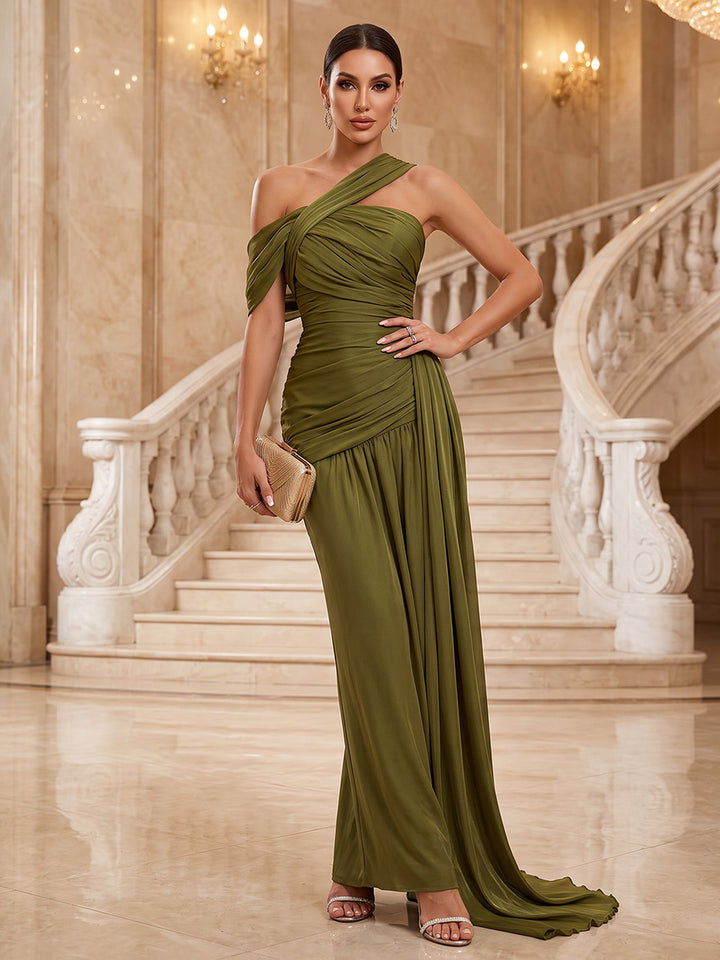 Satin Sheath One Shoulder Floor Length Ruched Military Ball Dresses