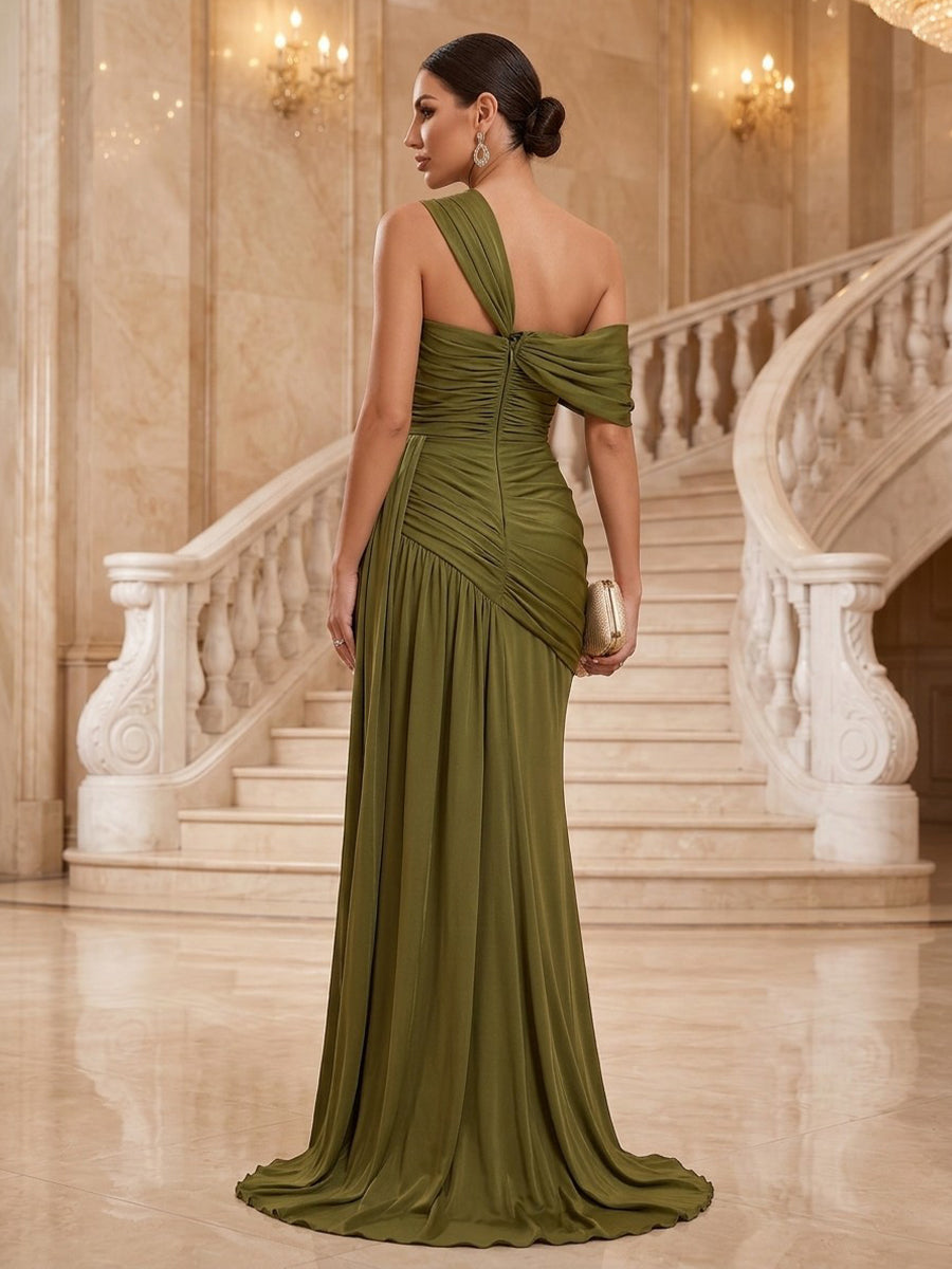 Satin Sheath One Shoulder Floor Length Ruched Military Ball Dresses