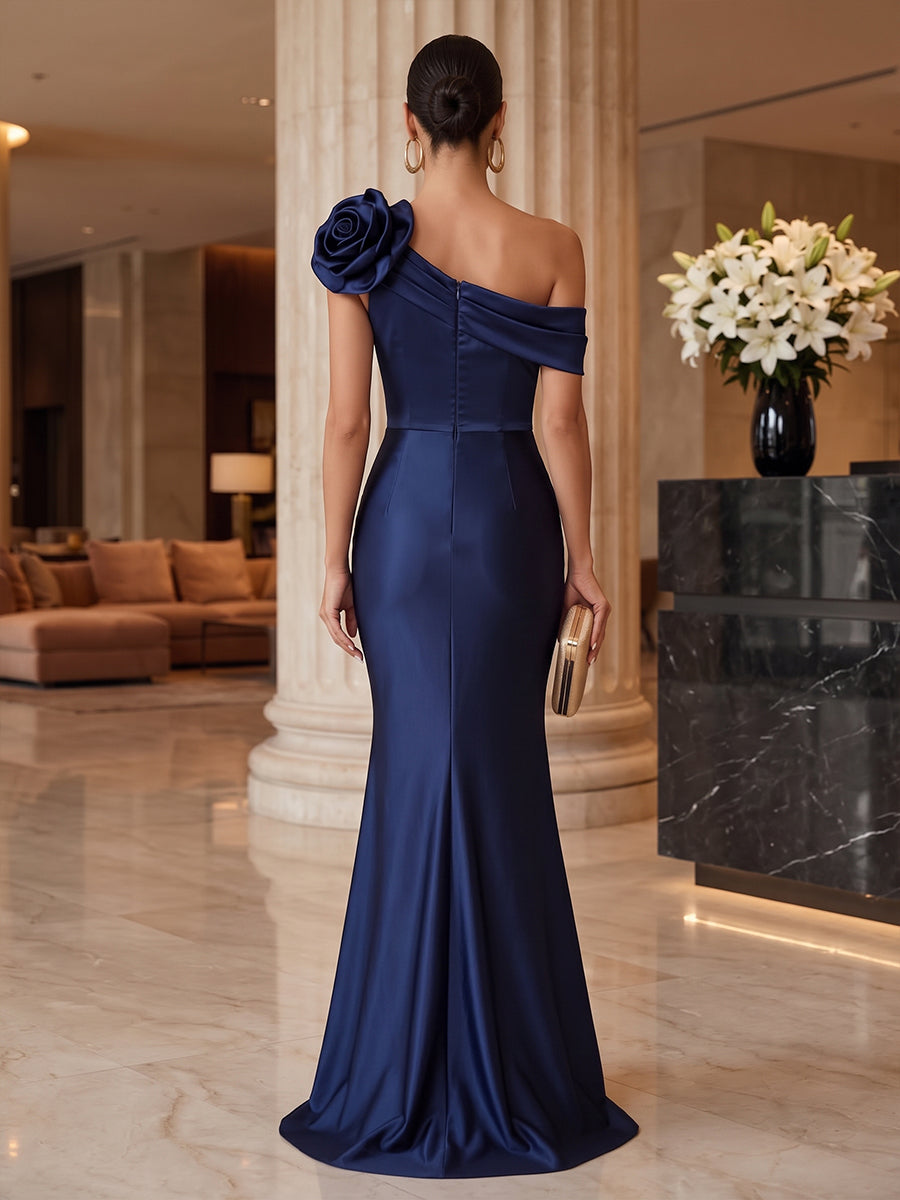 Satin Mermaid One Shoulder Floor Length Ruched Military Ball Dresses