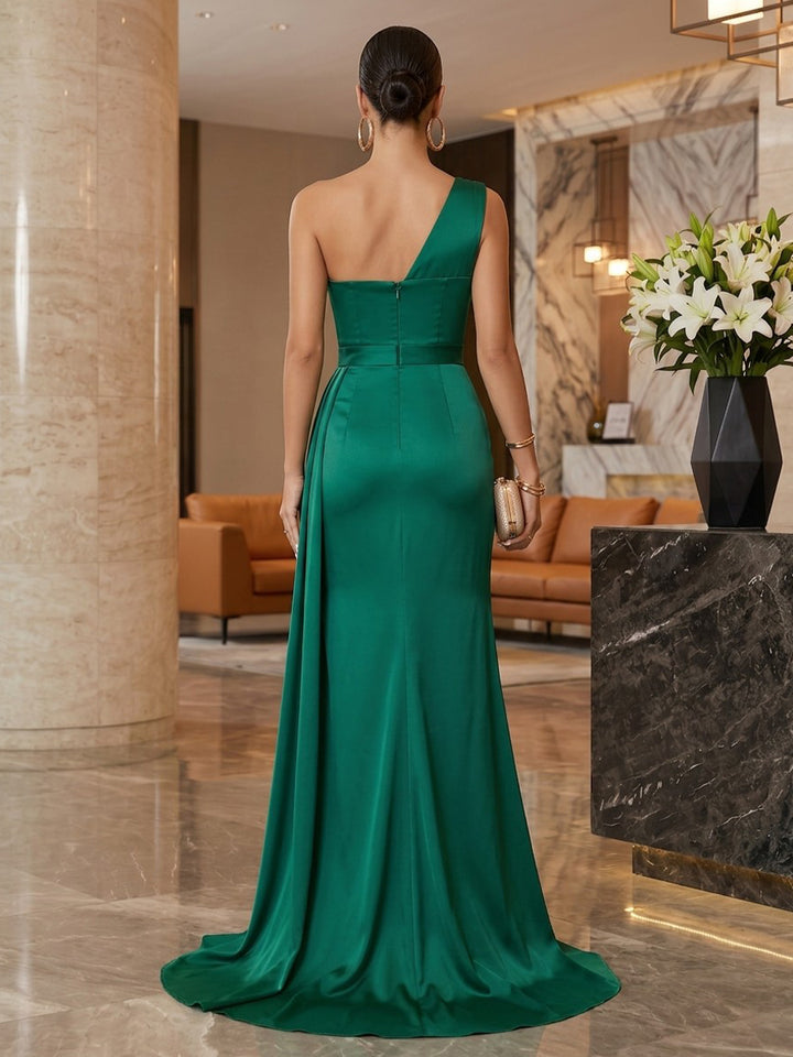 Satin Sheath One Shoulder Floor Length Ruched Military Ball Dresses