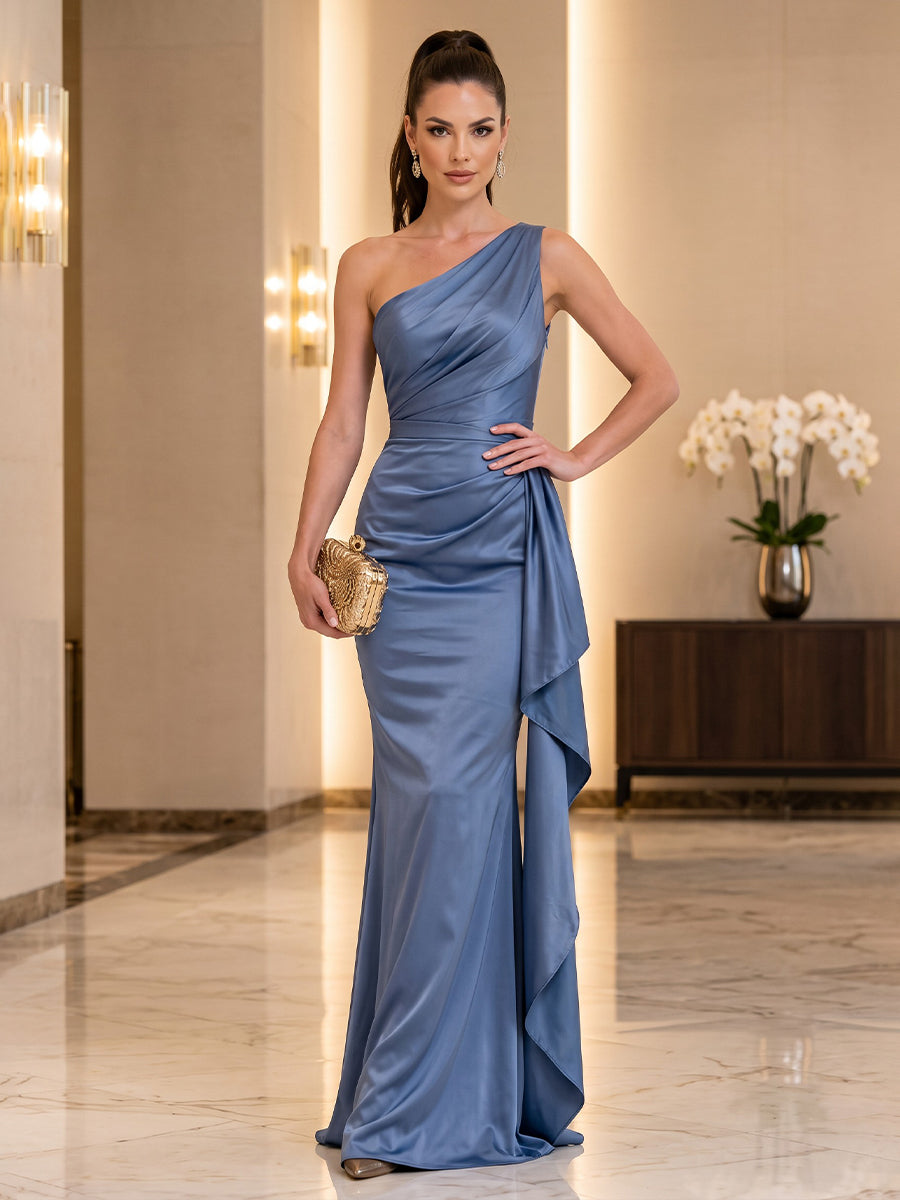 Satin Sheath One Shoulder Floor Length Ruched Military Ball Dresses
