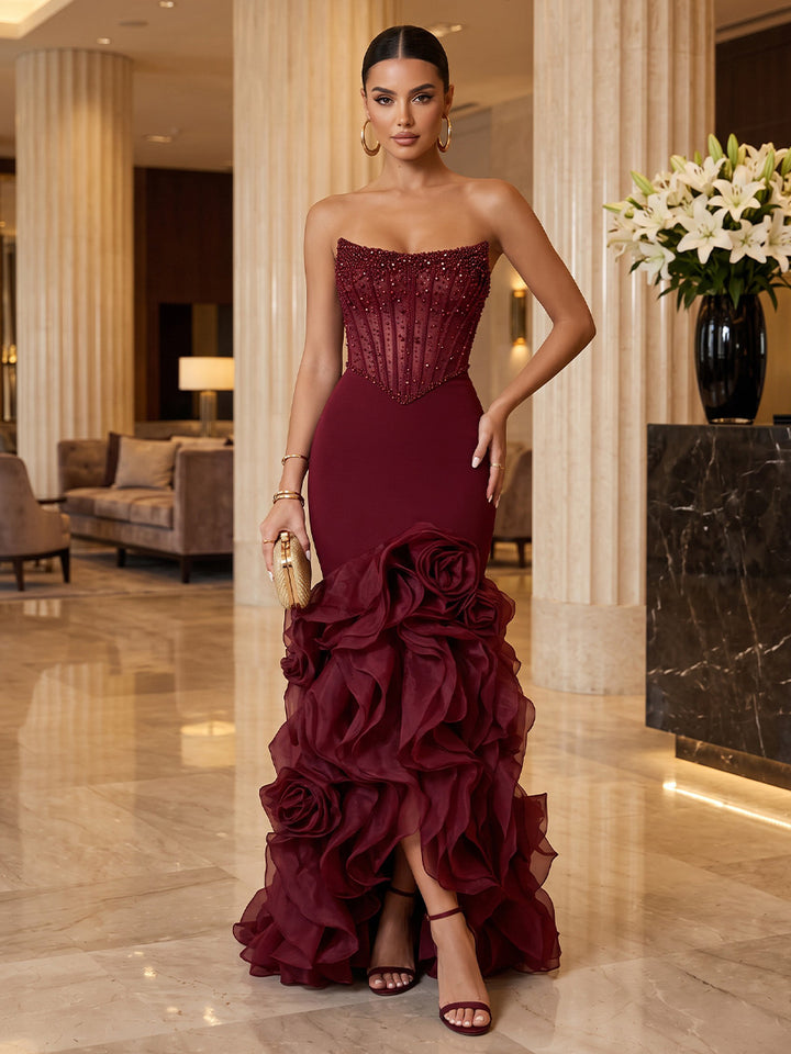 Tulle Mermaid Strapless Floor Length Corset Military Ball Dresses with 3D Floral Applique