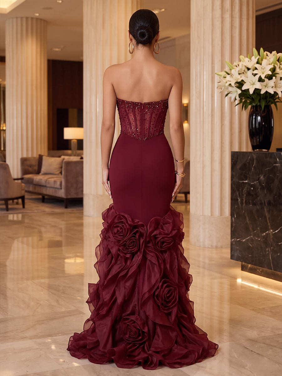 Tulle Mermaid Strapless Floor Length Corset Military Ball Dresses with 3D Floral Applique