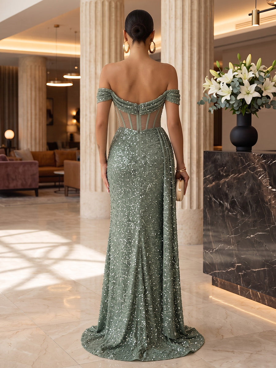 Sequin Sheath Off the Shoulder Floor Length Corset Military Ball Dresses