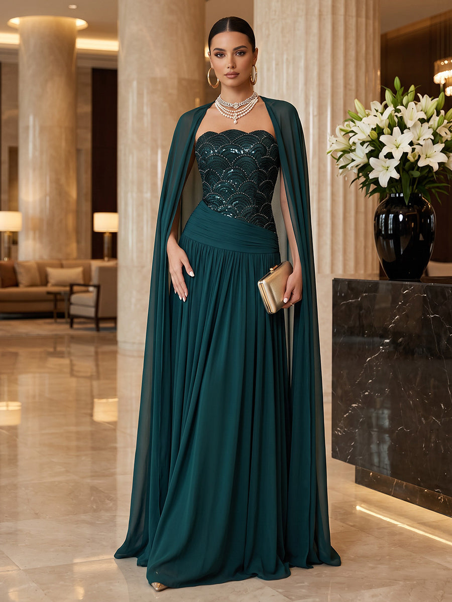 Chiffon A Line Strapless Floor Length Cape Military Ball Dresses