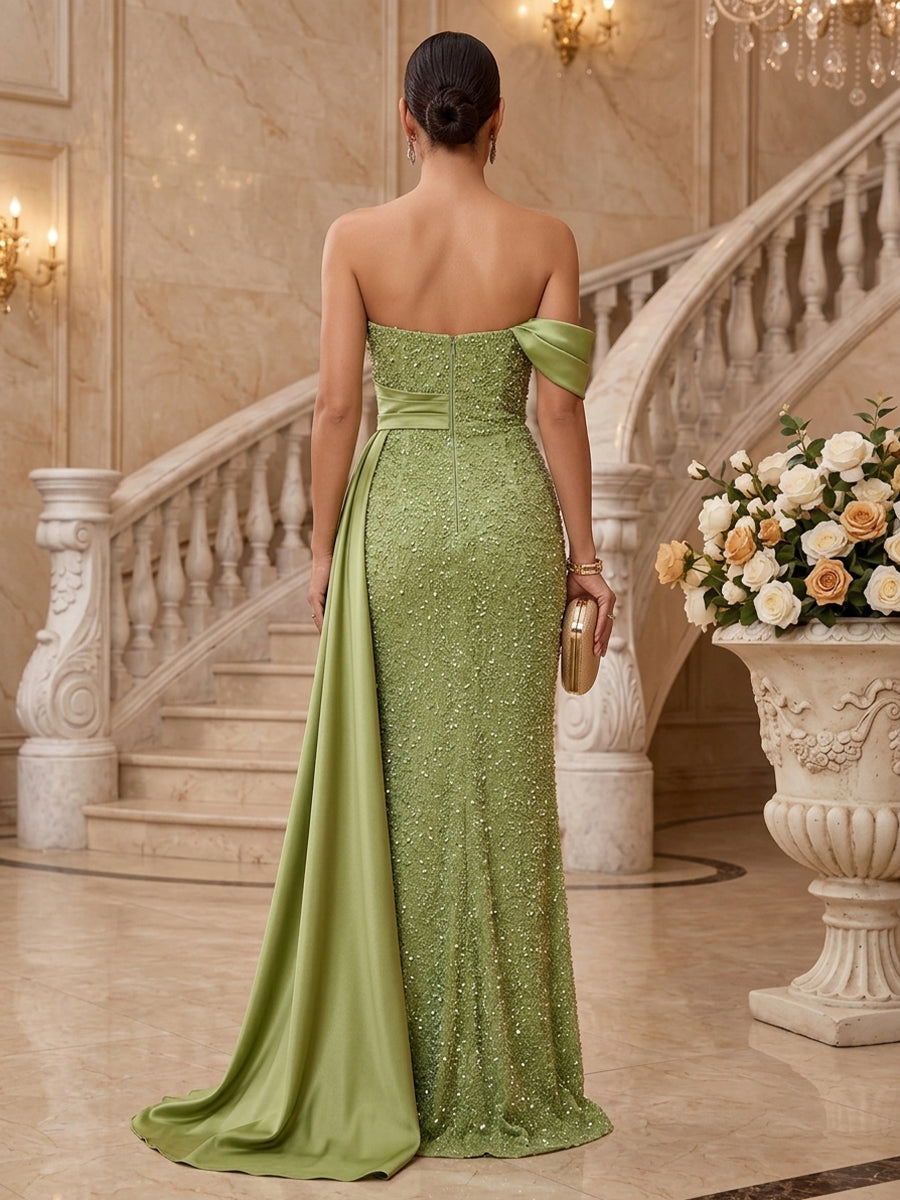 Sequin Sheath Strapless Floor Length Glitter Military Ball Dresses