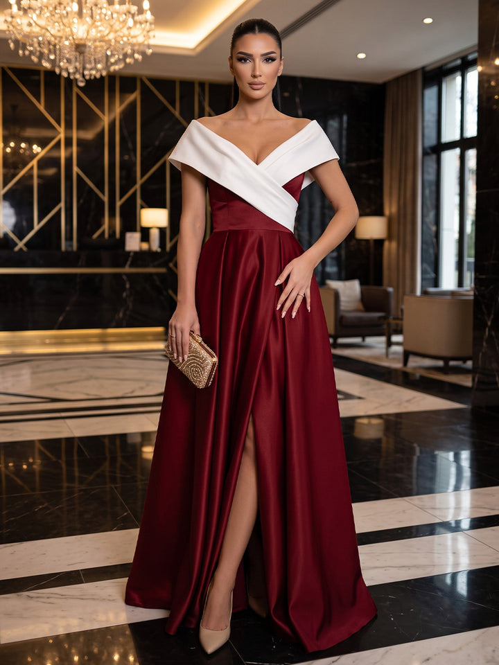 Satin A Line Off the Shoulder Floor Length Wrap Bodice Military Ball Dresses