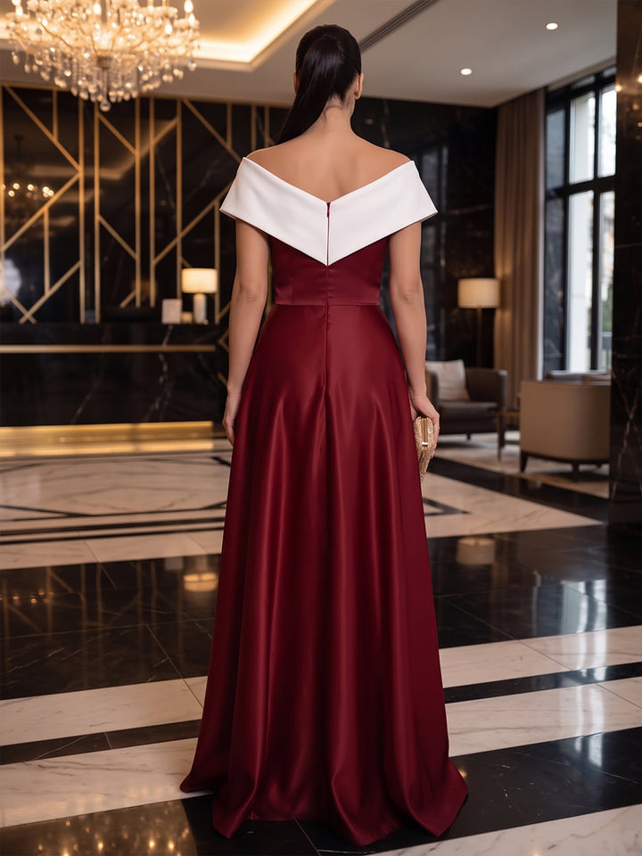 Satin A Line Off the Shoulder Floor Length Wrap Bodice Military Ball Dresses