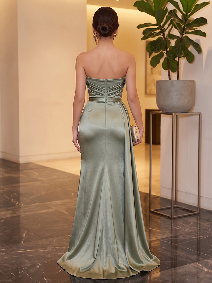 Satin Sheath Strapless Floor Length Ruched Military Ball Dresses