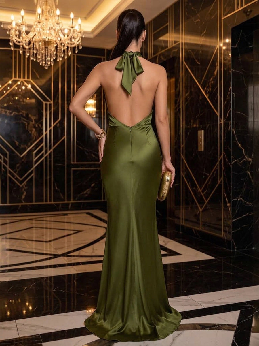 Satin Mermaid Halter Floor Length Fitted Bodycon Military Ball Dresses